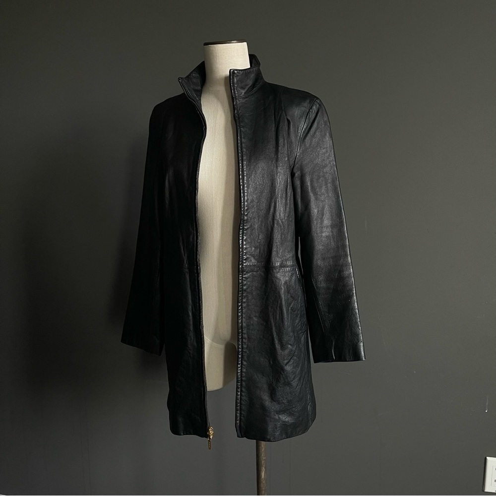 Colebrook & Co Black Leather Funnel Neck Longline Jacket Coat Dress Minimalist - Picture 7 of 15